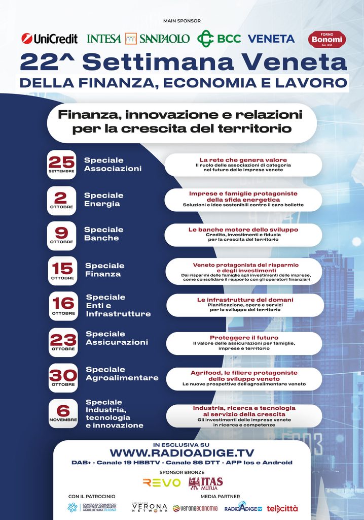 Calendario della 22ª edizione della Settimana Veneta della Finanza. Otto incontri per parlare di imprese, energia, credito, investimenti, infrastrutture, assicurazioni, agroalimentare e innovazione.